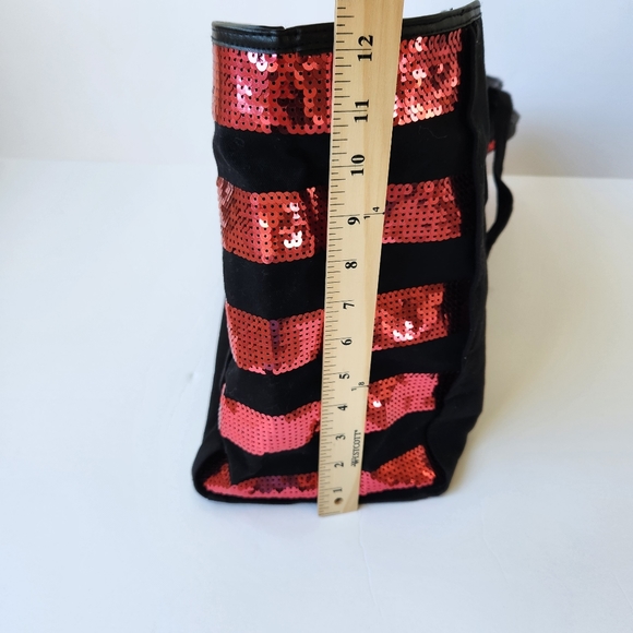 Victoria's Secret Logo Sequin Tote Bag Black Canvas Red Pink Large - Picture 12 of 14